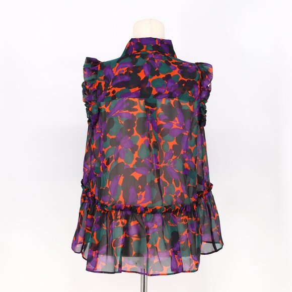 INCLAN STUDIO 100% Silk Ruffle Sleeve Sheer Purple Multi High-Low Blouse Size S - Picture 5 of 10